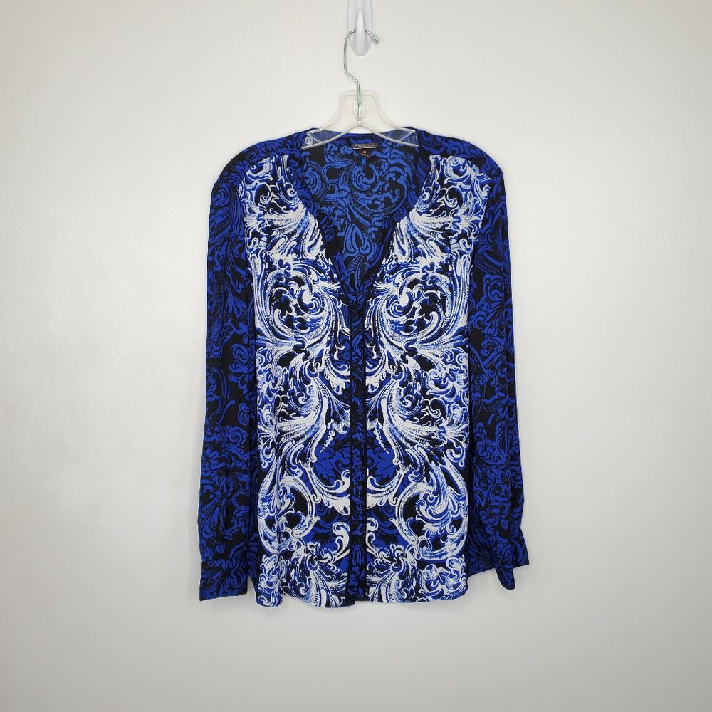 Dana Buchman Black Blue White Paisley Swirl Pattern Button Up Blouse Size 14